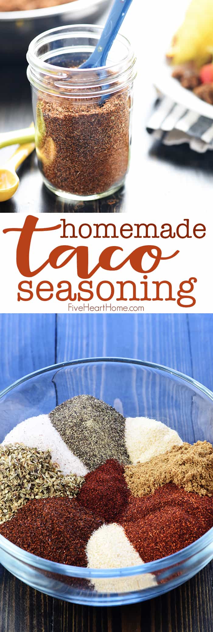 Homemade Taco Seasoning ~ you control the ingredients in this economical, easy-to-make homemade seasoning mix recipe...perfect for your favorite tacos or Mexican food recipes! | FiveHeartHome.com via @fivehearthome