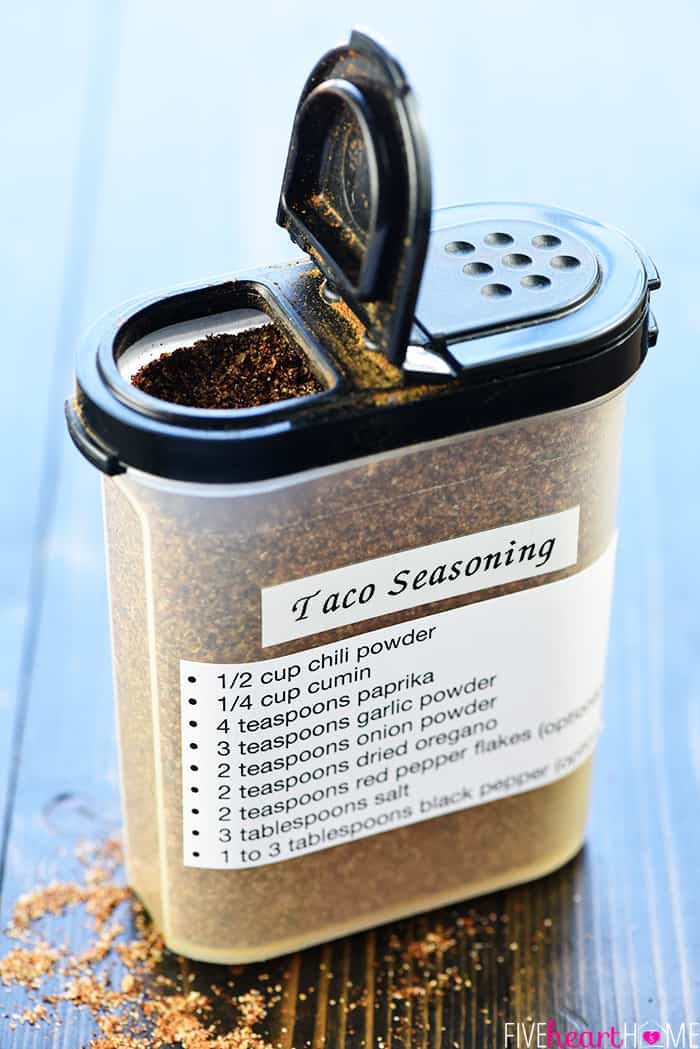 Taco Seasoning in a spice shaker with label of ingredients.