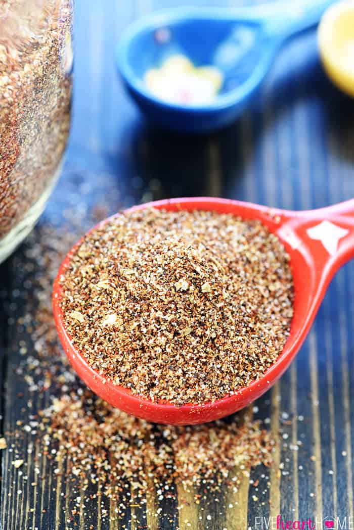 Homemade Taco Seasoning ~ you control the ingredients in this economical, easy-to-make homemade seasoning mix recipe...perfect for your favorite tacos or Mexican food recipes! | FiveHeartHome.com Spoonful of Homemade Taco Seasoning.
