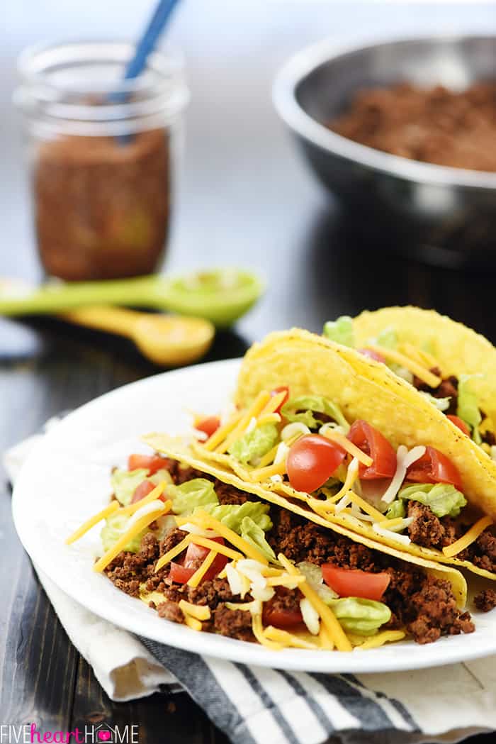 Homemade Taco Seasoning ~ you control the ingredients in this economical, easy-to-make homemade seasoning mix recipe...perfect for your favorite tacos or Mexican food recipes! | FiveHeartHome.com Ground beef tacos made with homemade taco seasoning.