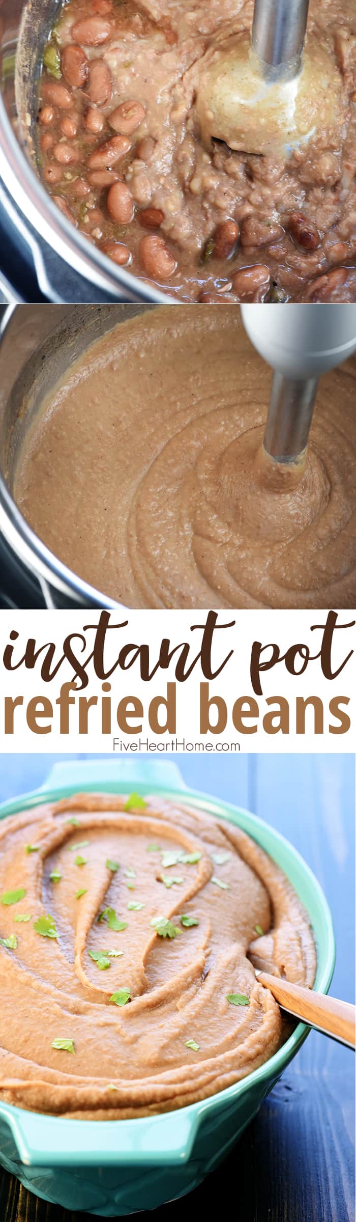 Instant Pot Refried Beans are creamy, flavorful, and effortless to make in the pressure cooker, with no soaking required. This refried beans recipe is the perfect side dish for all of your favorite Mexican food! | FiveHeartHome.com via @fivehearthome