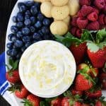 Lemon Cream Cheese Dip, aerial view on platter with fruit and cookies.