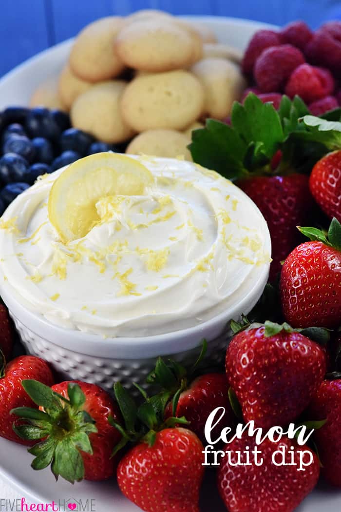 Lemon Fruit Dip Recipe ~ a delicious fruit dip that comes together with just four real food ingredients...cream cheese, Greek yogurt, lemon curd, and lemon zest! | FiveHeartHome.com