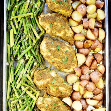 Aerial view of Sheet Pan Chicken and Veggies.