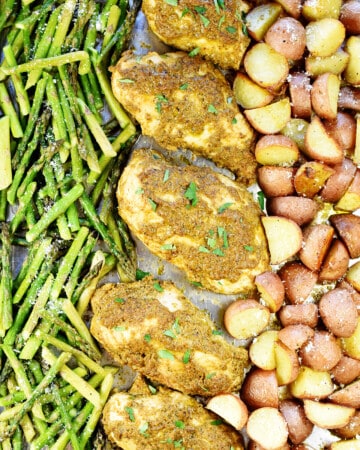 Aerial view of Sheet Pan Chicken and Veggies.