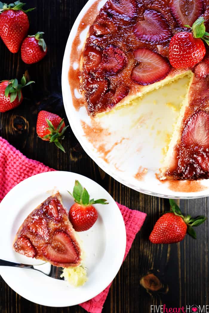 Aerial view of Strawberry Upside-Down Cake with slice removed.