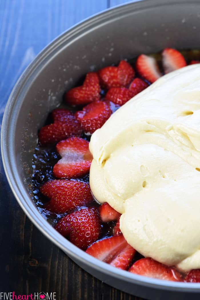 Strawberry Upside-Down Cake ~ a delicious twist on a classic recipe, showcasing fresh strawberries in place of pineapple for an easy spring or summer dessert! | FiveHeartHome.com Batter spread into pan.