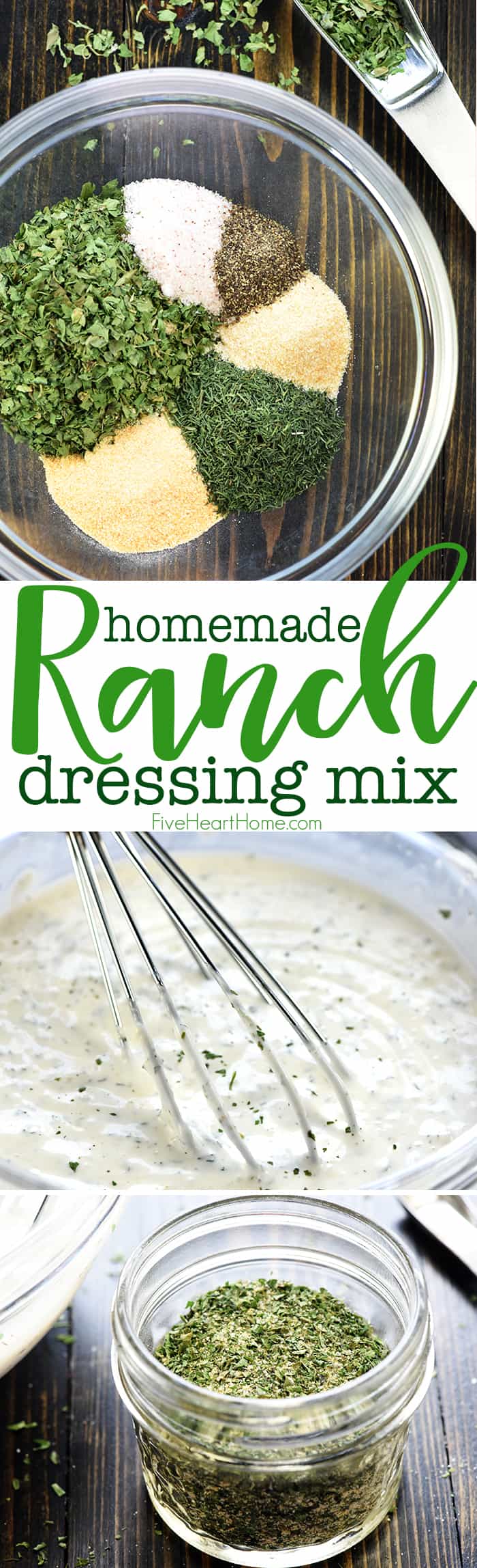 Homemade Ranch Dressing Mix ~ an easy, DIY, dry seasoning mix, perfect for whipping up homemade ranch salad dressing or flavoring other recipes! | FiveHeartHome.com via @fivehearthome