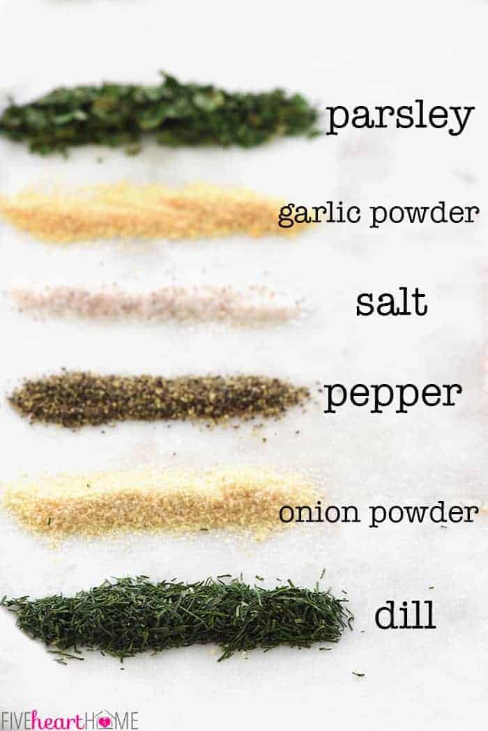 Ingredients lined up on white background with text labels.
