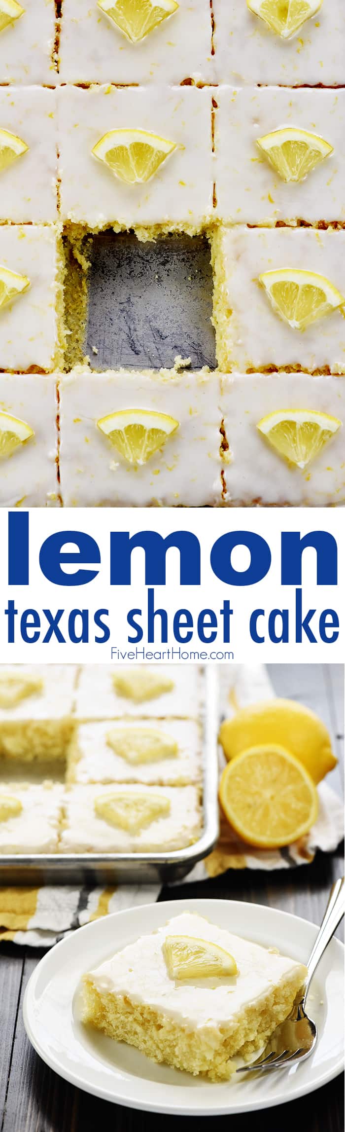 Lemon Sheet Cake ~ The search is over for lemon cake recipes! This BEST lemon cake recipe is a super moist, homemade, lemon-infused Texas sheet cake topped with an amazing and tangy lemon glaze for cake. Better yet, this easy lemon cake recipe feeds a crowd! | FiveHeartHome.com via @fivehearthome