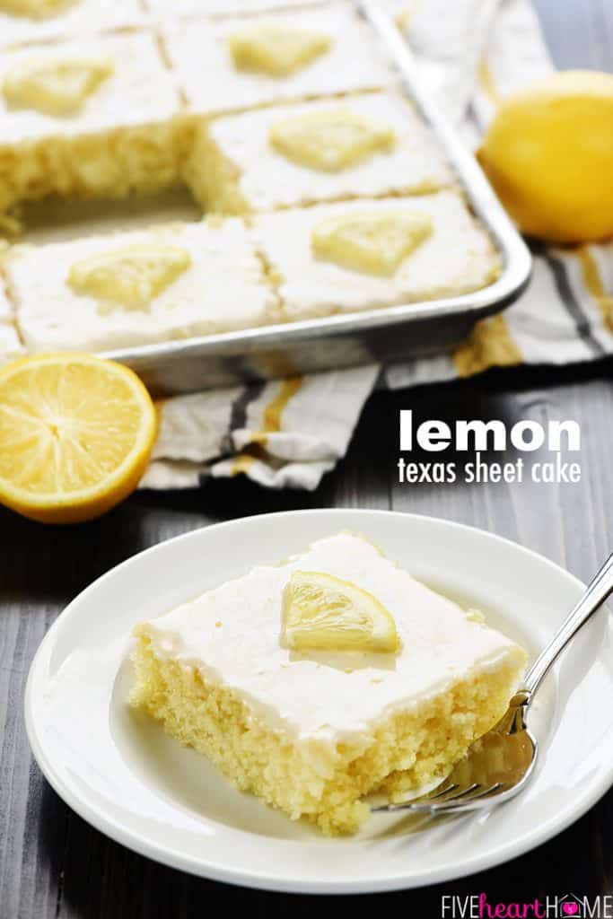 Lemon Texas Sheet Cake Recipe ~ a super moist, homemade cake topped with a tangy lemon glaze...it's easy to make and it feeds a crowd! | FiveHeartHome.com