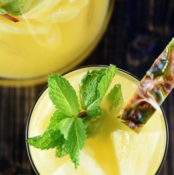 Aerial view of two glasses of Pineapple Sangria.