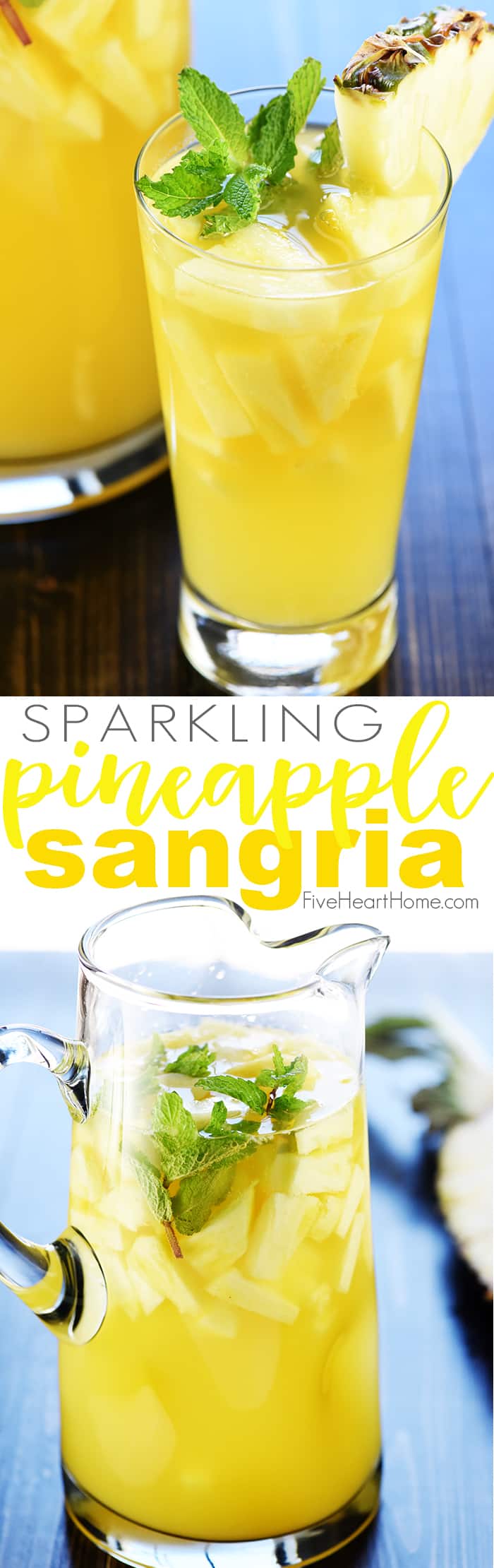Sparkling Pineapple Sangria ~ a bubbly, refreshing, tropical summer cocktail made with just five ingredients, perfect for poolside, parties, and BBQs! | FiveHeartHome.com via @fivehearthome