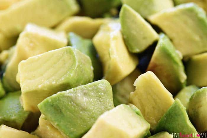 Close-up of diced avocado.