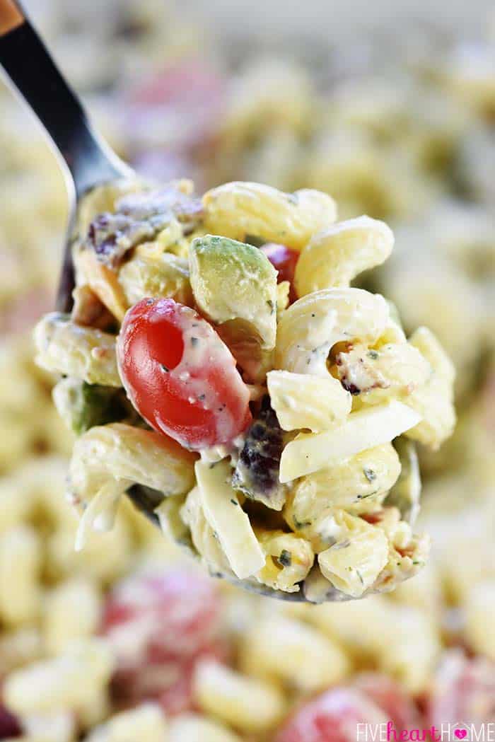 Big spoonful of Cobb Pasta Salad.