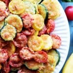 Aerial view of Baked Parmesan Summer Veggies on plate.