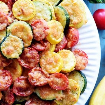 Aerial view of Baked Parmesan Summer Veggies on plate.