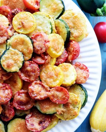 Aerial view of Baked Parmesan Summer Veggies on plate.