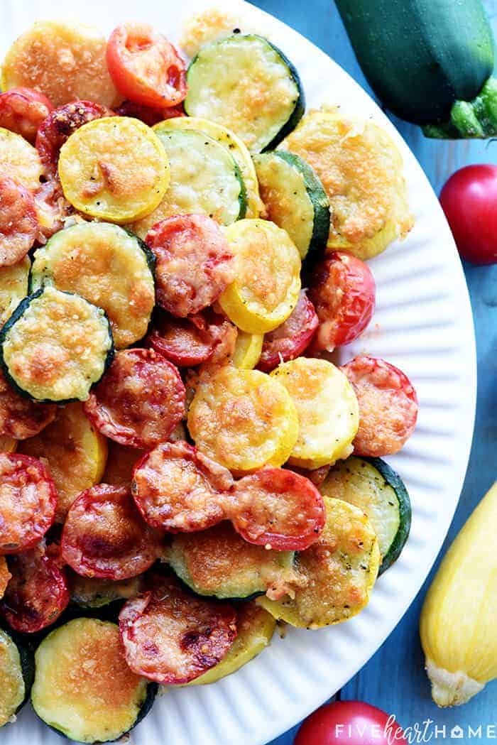 Aerial view of Baked Parmesan Summer Veggies on plate.