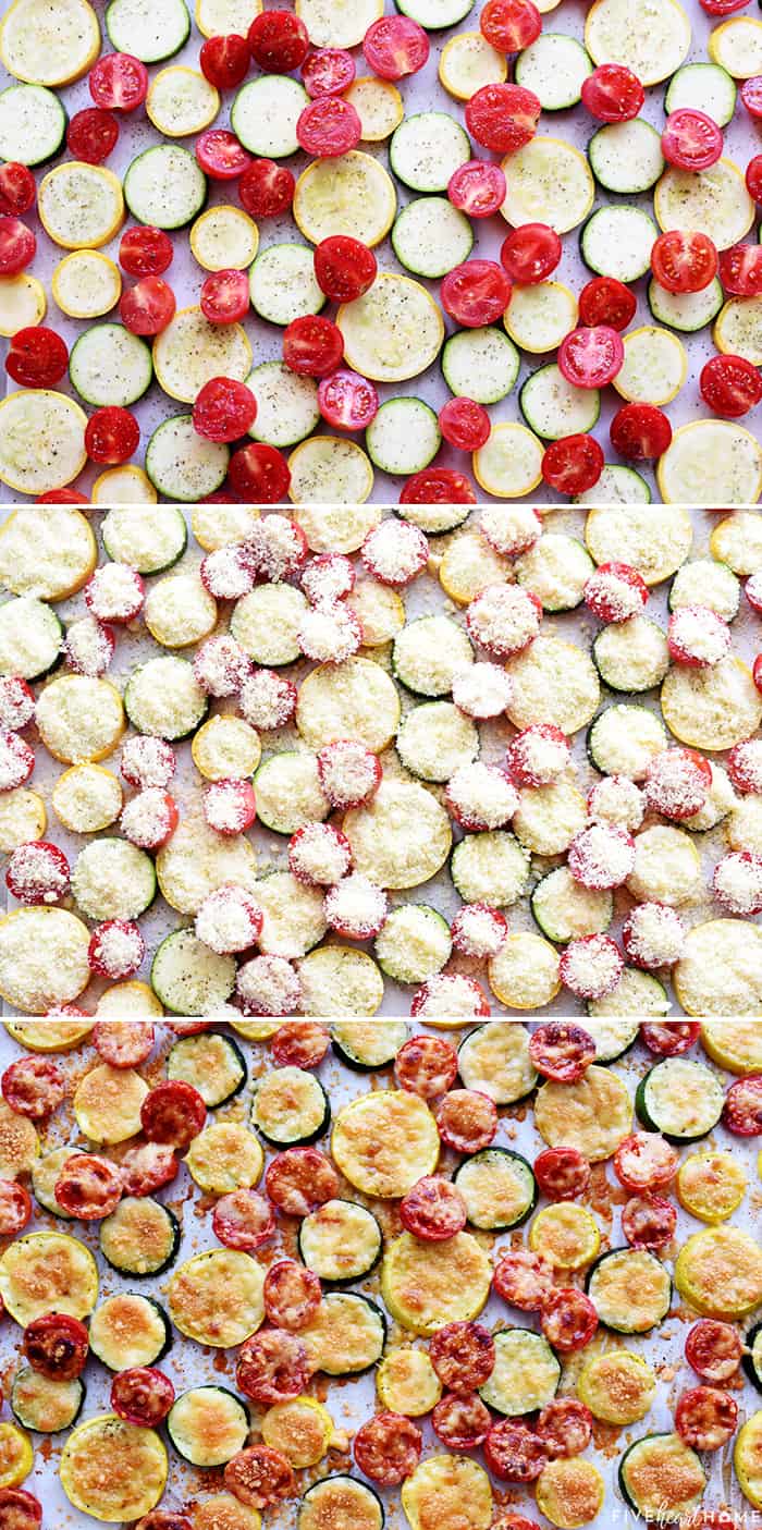 Three-photo collage of vegetables being seasoned, sprinkled with Parmesan, and roasted.