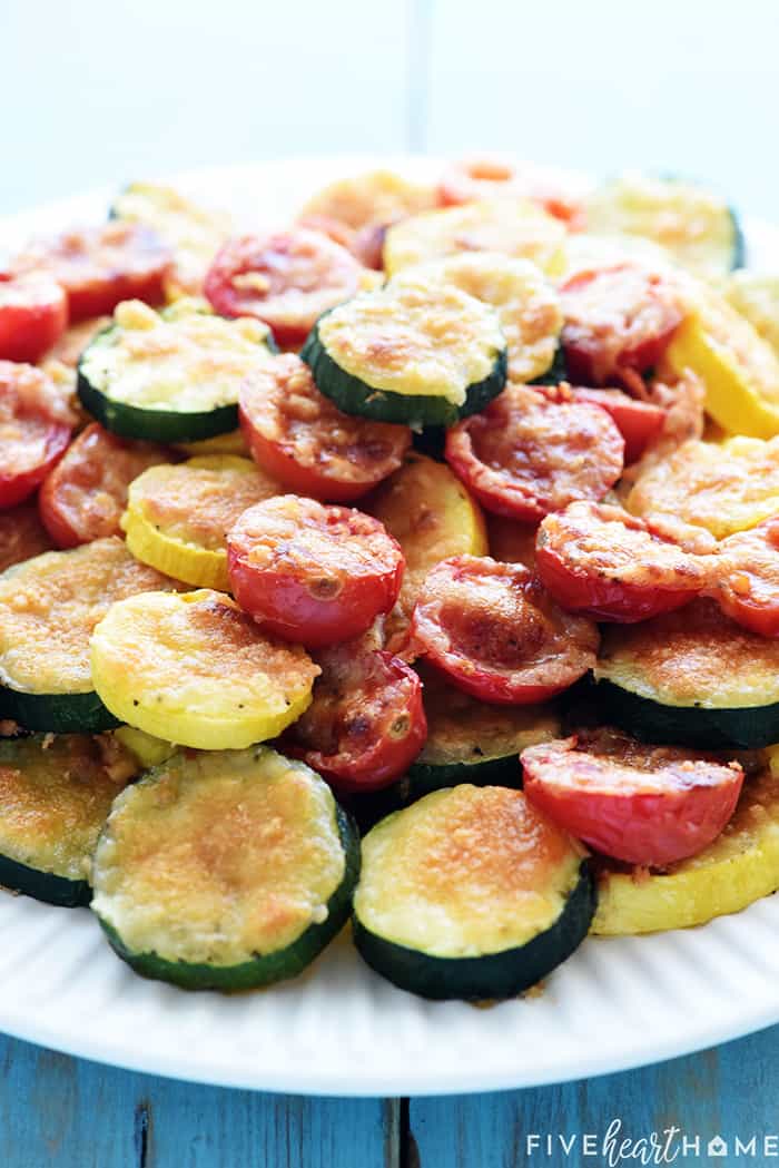 Baked Parmesan Summer Veggies piled on platter.