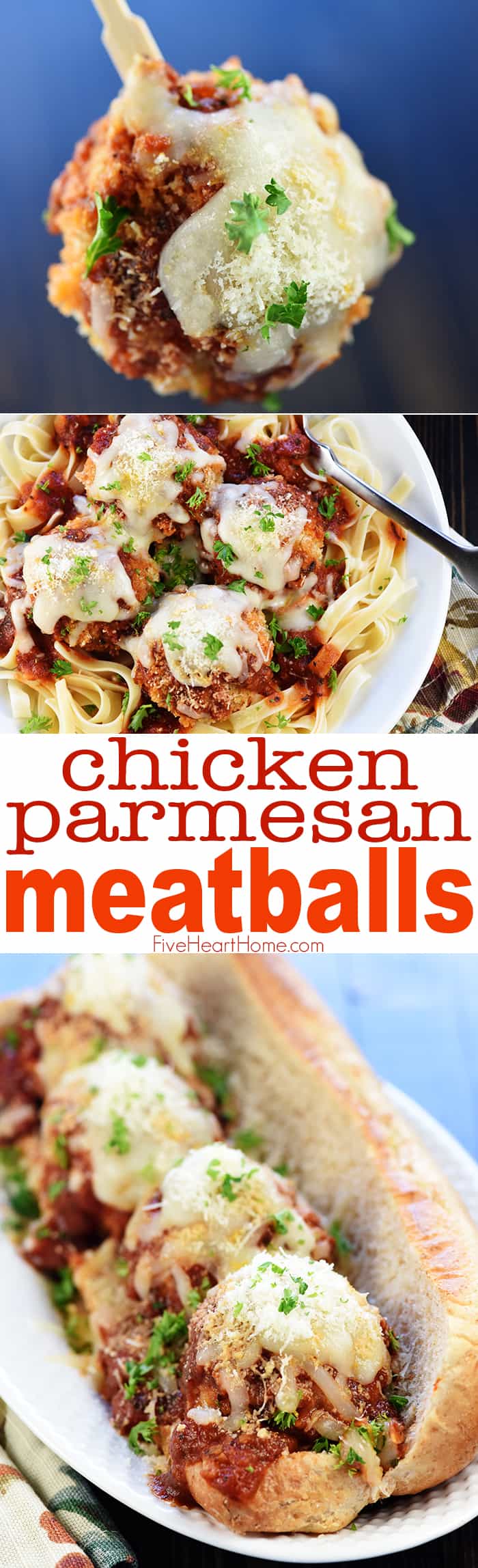 Chicken Parmesan Meatballs ~ a ground chicken mixture is formed into meatballs, rolled in Panko and Parmesan, baked, and then covered in flavorful marinara sauce and melted mozzarella...perfect for serving as an appetizer, over pasta, or on subs! | FiveHeartHome.com via @fivehearthome