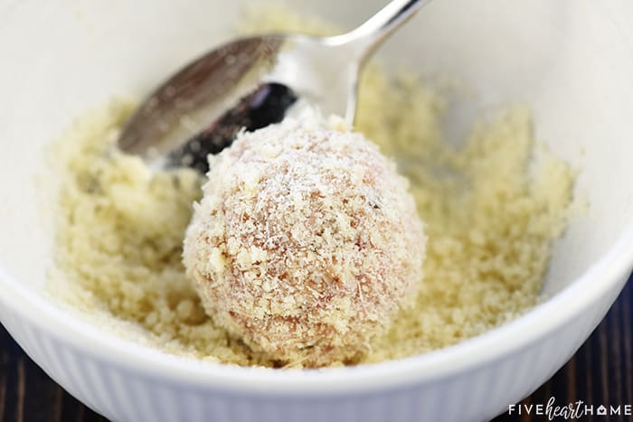 Chicken Parmesan Meatballs ~ a ground chicken mixture is formed into meatballs, rolled in Panko and Parmesan, baked, and then covered in flavorful marinara sauce and melted mozzarella...perfect for serving as an appetizer, over pasta, or on subs! | FiveHeartHome.com Rolling in panko breadcrumbs.