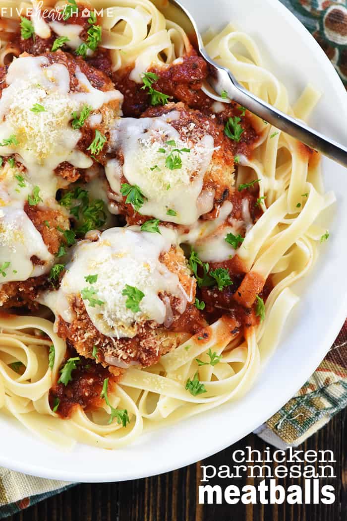Chicken Parmesan Meatballs recipe with text overlay.
