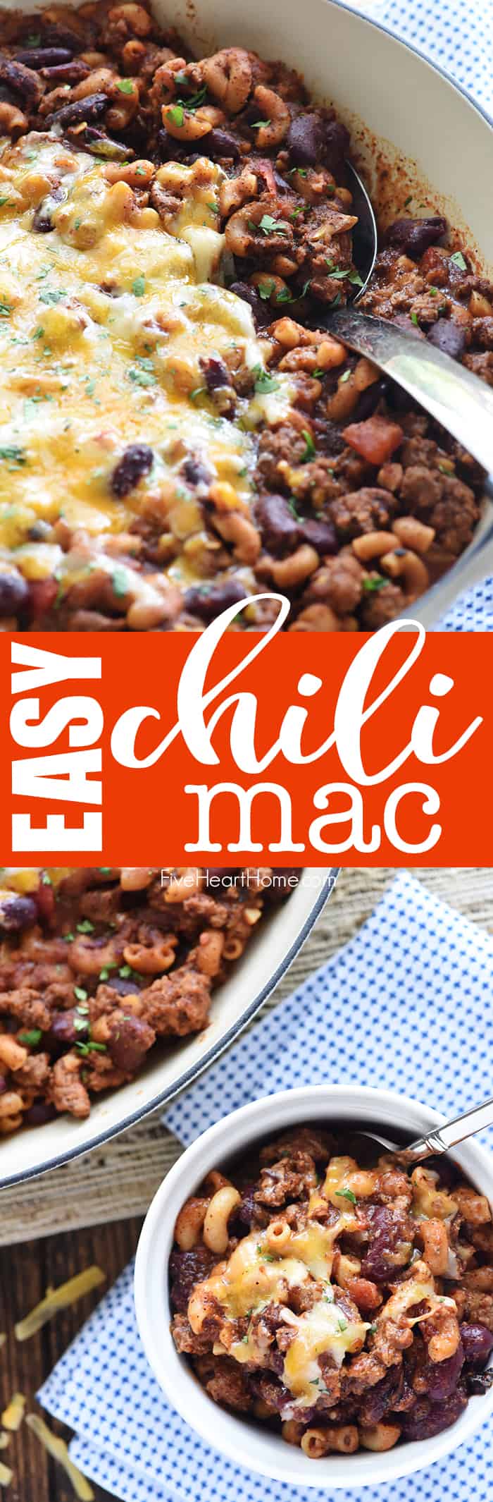 Chili Mac ~ a quick, easy, family-friendly dinner recipe featuring ground beef, beans, pasta, and cheese in a zippy tomato sauce made in just one skillet! | FiveHeartHome.com via @fivehearthome