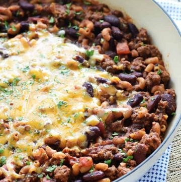Chili Mac ~ a quick, easy, family-friendly dinner recipe featuring ground beef, beans, pasta, and cheese in a zippy tomato sauce made in just one skillet! | FiveHeartHome.com