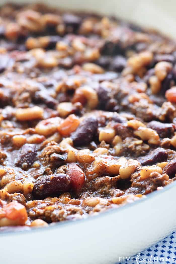 Close-up of Chili Mac in skillet.