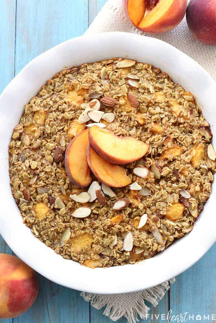 Aerial view of Peach Baked Oatmeal in baking dish.