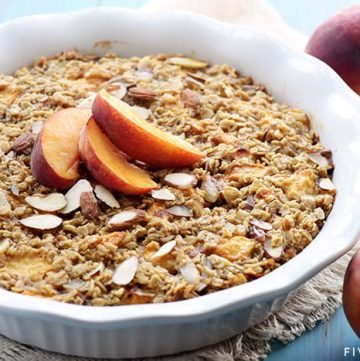 Peach Baked Oatmeal ~ this wholesome and delicious recipe is bursting with healthy, real food ingredients for a make-ahead breakfast that will fuel you through the morning! | FiveHeartHome.com