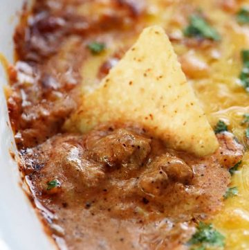 Beef Enchilada Dip ~ this creamy, cheesy appetizer has the great flavor of beef enchiladas in an easy-to-make, addictive dip...perfect for parties, get-togethers, and game day! | FiveHeartHome.com