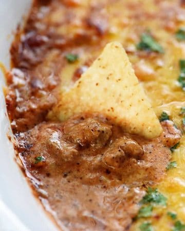 Beef Enchilada Dip ~ this creamy, cheesy appetizer has the great flavor of beef enchiladas in an easy-to-make, addictive dip...perfect for parties, get-togethers, and game day! | FiveHeartHome.com