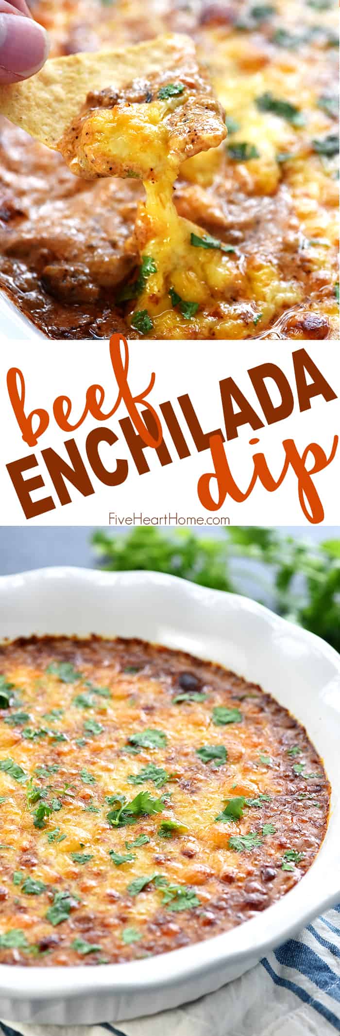 Beef Enchilada Dip ~ creamy, cheesy, and boasts the delicious flavor of beef enchiladas in an easy-to-make, addictive dip...perfect for parties, get-togethers, and game day! | FiveHeartHome.com via @fivehearthome