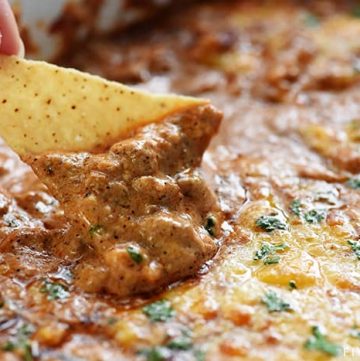 Beef Enchilada Dip ~ this creamy, cheesy appetizer has the great flavor of beef enchiladas in an easy-to-make, addictive dip...perfect for parties, get-togethers, and game day! | FiveHeartHome.com