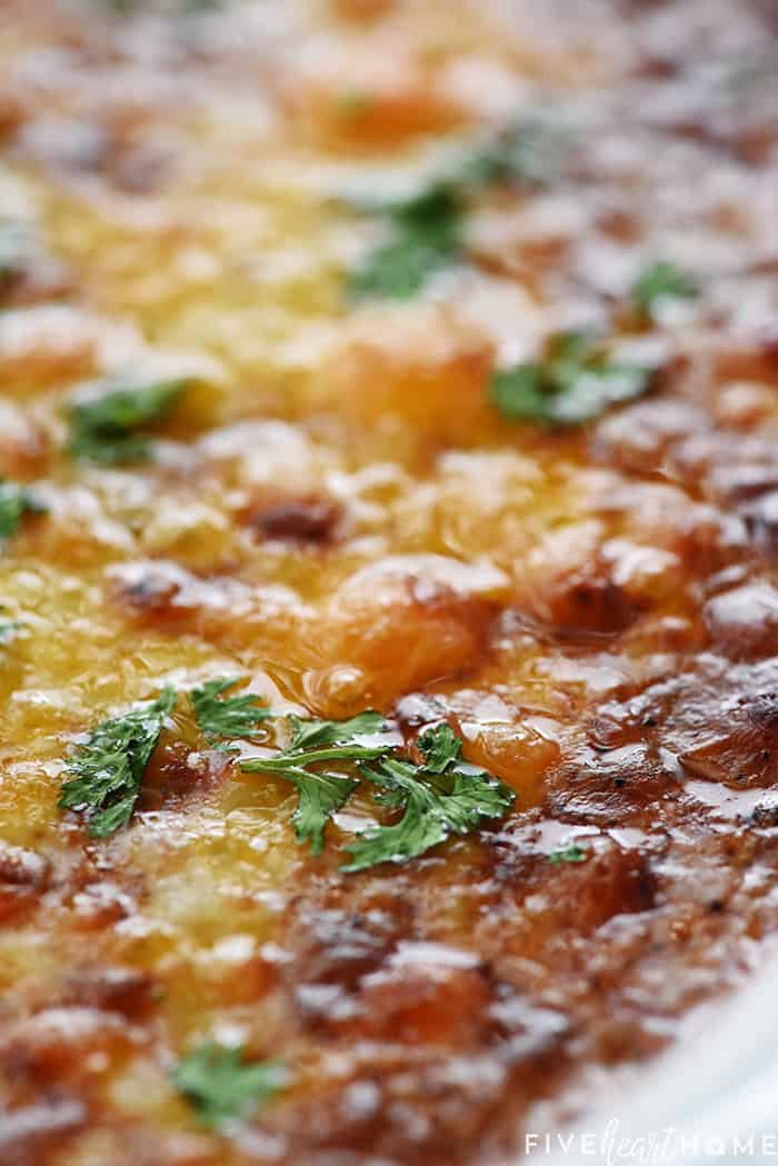 Close-up of surface of Enchilada Dip after broiling.