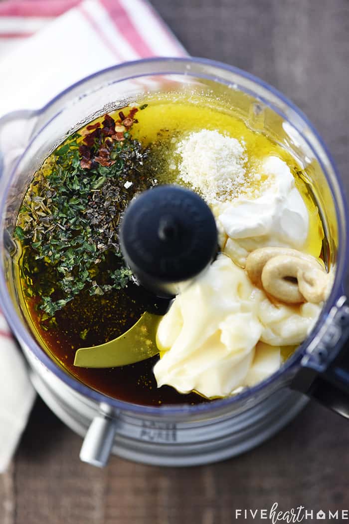 Homemade Creamy Italian Dressing ~ zesty, flavorful, and easy to make...a delicious topping for a crisp green salad or your favorite pasta salad! | FiveHeartHome.com Ingredients in a food processor