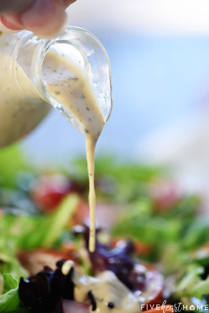 Homemade Creamy Italian Dressing ~ zesty, flavorful, and easy to make...a delicious topping for a crisp green salad or your favorite pasta salad! | FiveHeartHome.com How to Make Creamy Italian Dressing