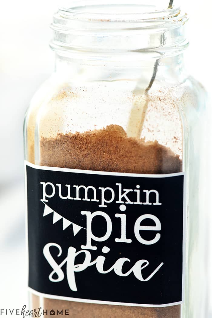 Pumpkin Pie Spice ~ a homemade spice blend that can be made in bulk and tweaked to your liking, perfect for flavoring all of your favorite fall treats! | FiveHeartHome.com Jar of homemade blend