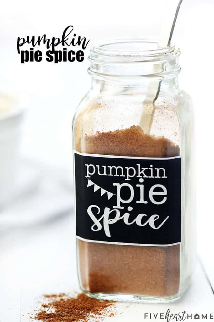 Pumpkin Pie Spice recipe in a labeled glass bottle.