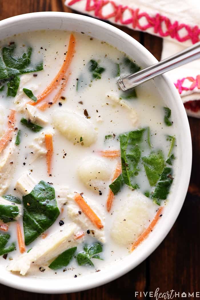 Aerial view of Chicken Gnocchi Soup in bowl.