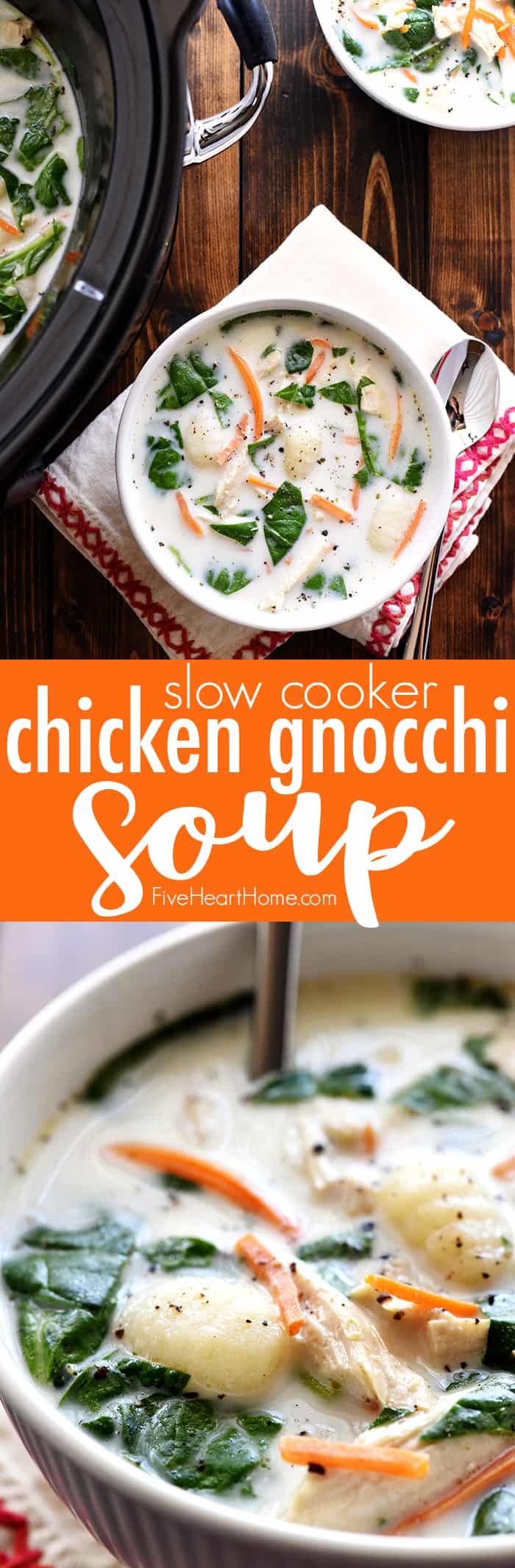 Slow Cooker Chicken Gnocchi Soup ~ a creamy, lightened-up copycat recipe of the famous Olive Garden classic, made easy thanks to the crockpot! | FiveHeartHome.com via @fivehearthome