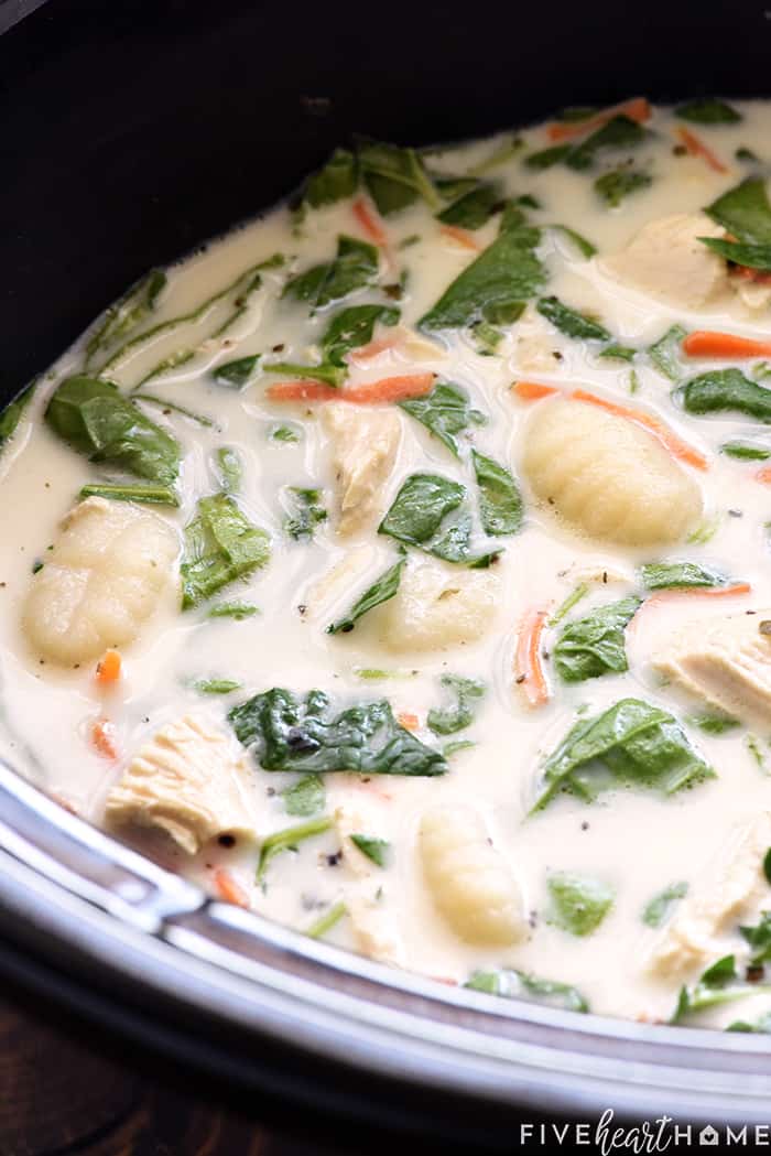 Crockpot full of Olive Garden Chicken Gnocchi Soup.