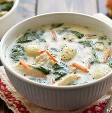 Slow Cooker Chicken Gnocchi Soup ~ a creamy, lightened-up copycat recipe of the famous Olive Garden classic, made easy thanks to the crockpot! | FiveHeartHome.com