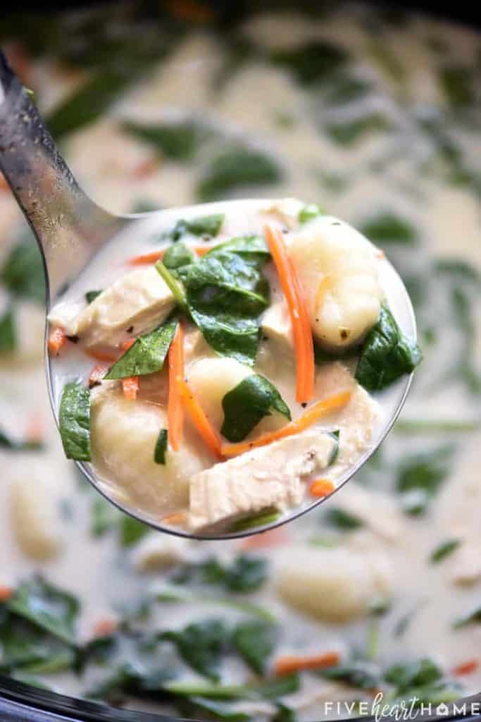 Slow Cooker Chicken Gnocchi Soup ~ a creamy, lightened-up copycat recipe of the famous Olive Garden classic, made easy thanks to the crockpot! | FiveHeartHome.com