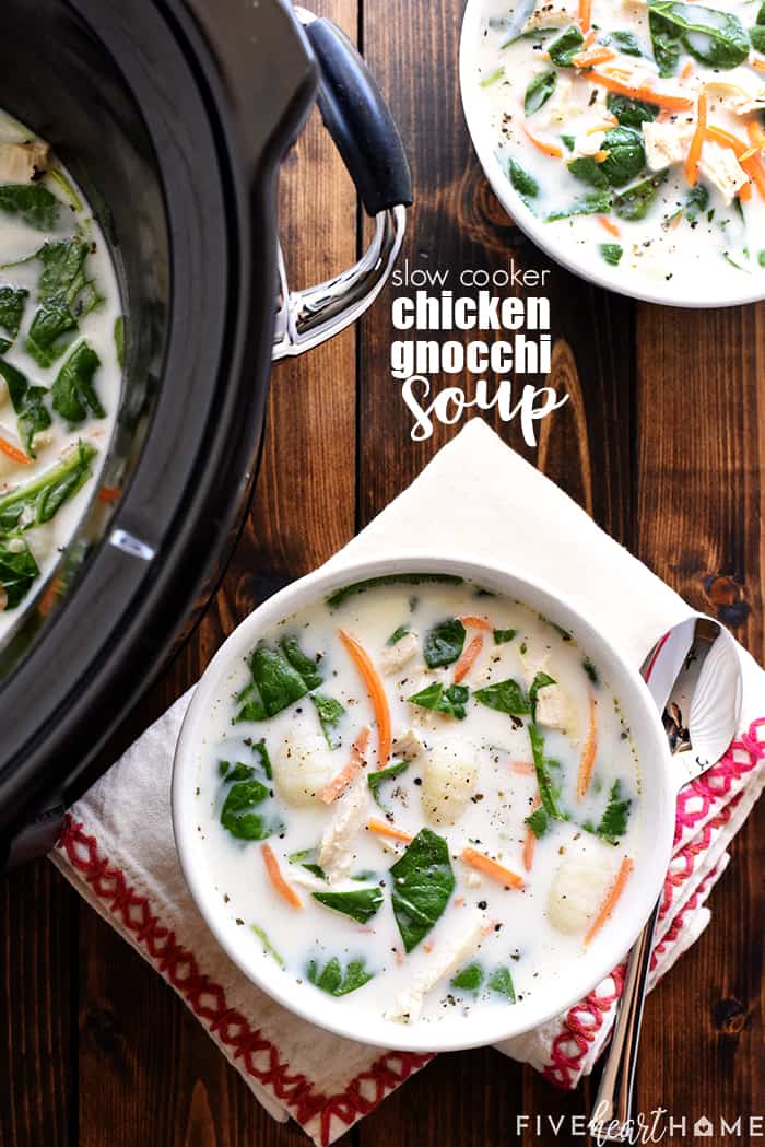 Slow Cooker Olive Garden Chicken Gnocchi Soup with text overlay.