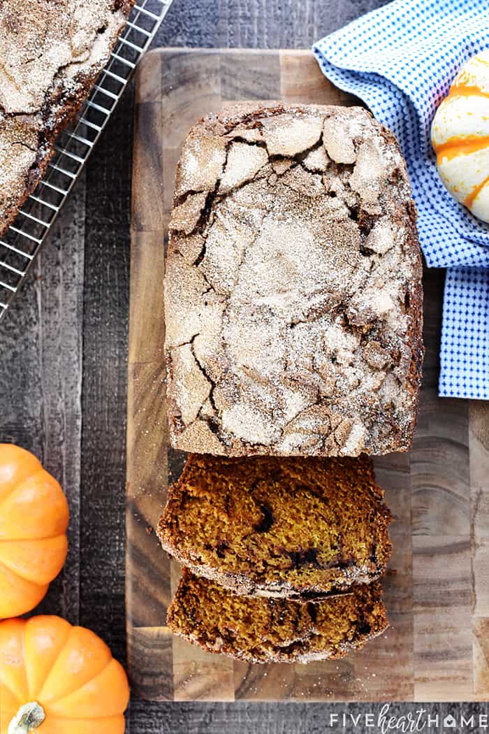 Snickerdoodle Pumpkin Bread ~ a sweet, moist pumpkin bread recipe, swirled and topped with a generous amount of cinnamon sugar, for a delicious fall treat! | FiveHeartHome.com Pumpkin Bread