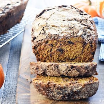 Snickerdoodle Pumpkin Bread ~ a sweet, moist pumpkin bread recipe, swirled and topped with a generous amount of cinnamon sugar, for a delicious fall treat! | FiveHeartHome.com